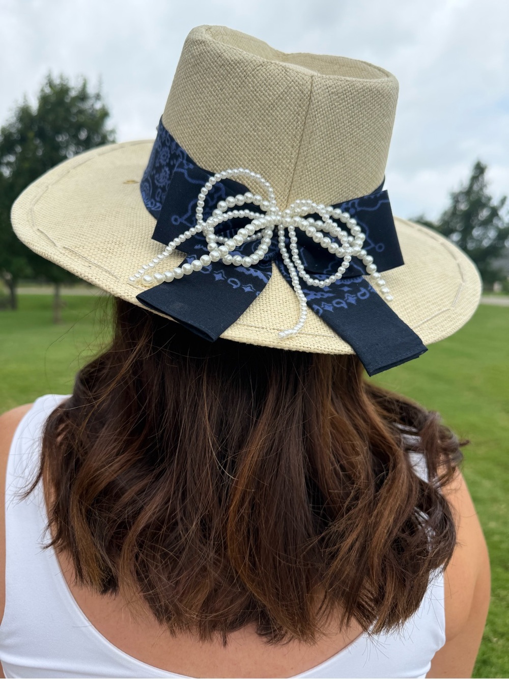 Pearl-Embellished Straw Fedora Hat with Navy Bandana Band